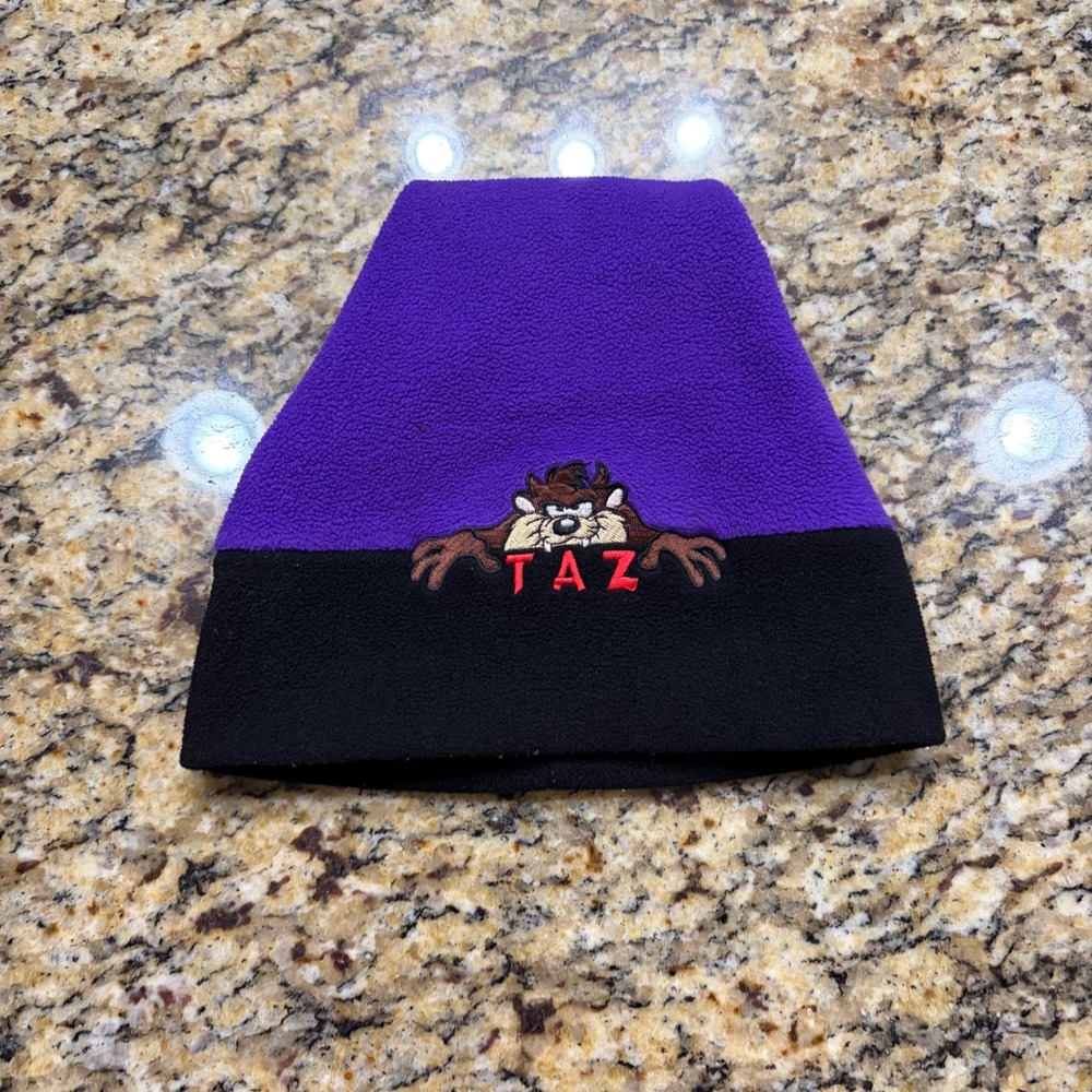 Vintage Looney Tunes Taz Fleece Beanie Hat Purple Black Tasmanian Devil 90s Mens